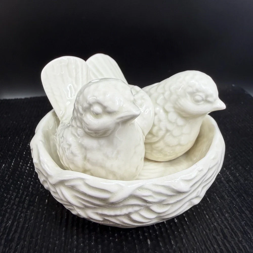 Vintage Fitz and Floyd White Bird Nest Salt Pepper Shakers 1978 Japan 3pc Set